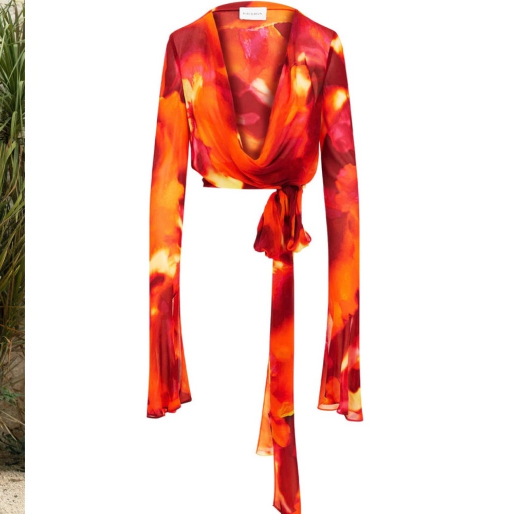 Rat & Boa Fantini Blouse Top Shirt Silk Medium Red Orange Fire Wrap Bikini - Picture 7 of 11